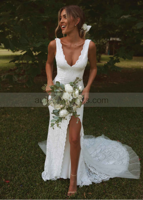 Ivory Lace Tulle Open Back Slit Sexy Wedding Dress